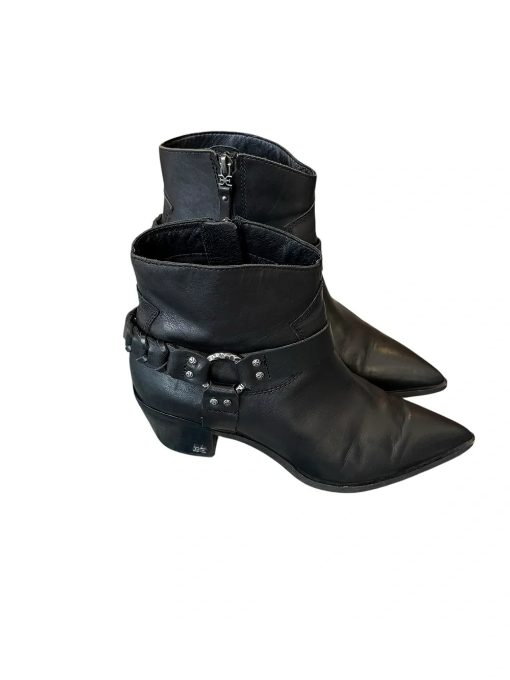 Sam Edelman Riker Vaquero Saddle Black Leather Pointed Toe Harness Ankle Boots